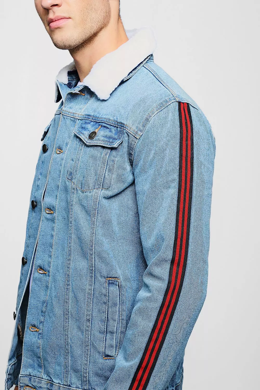 Denim jacket side stripe best sale